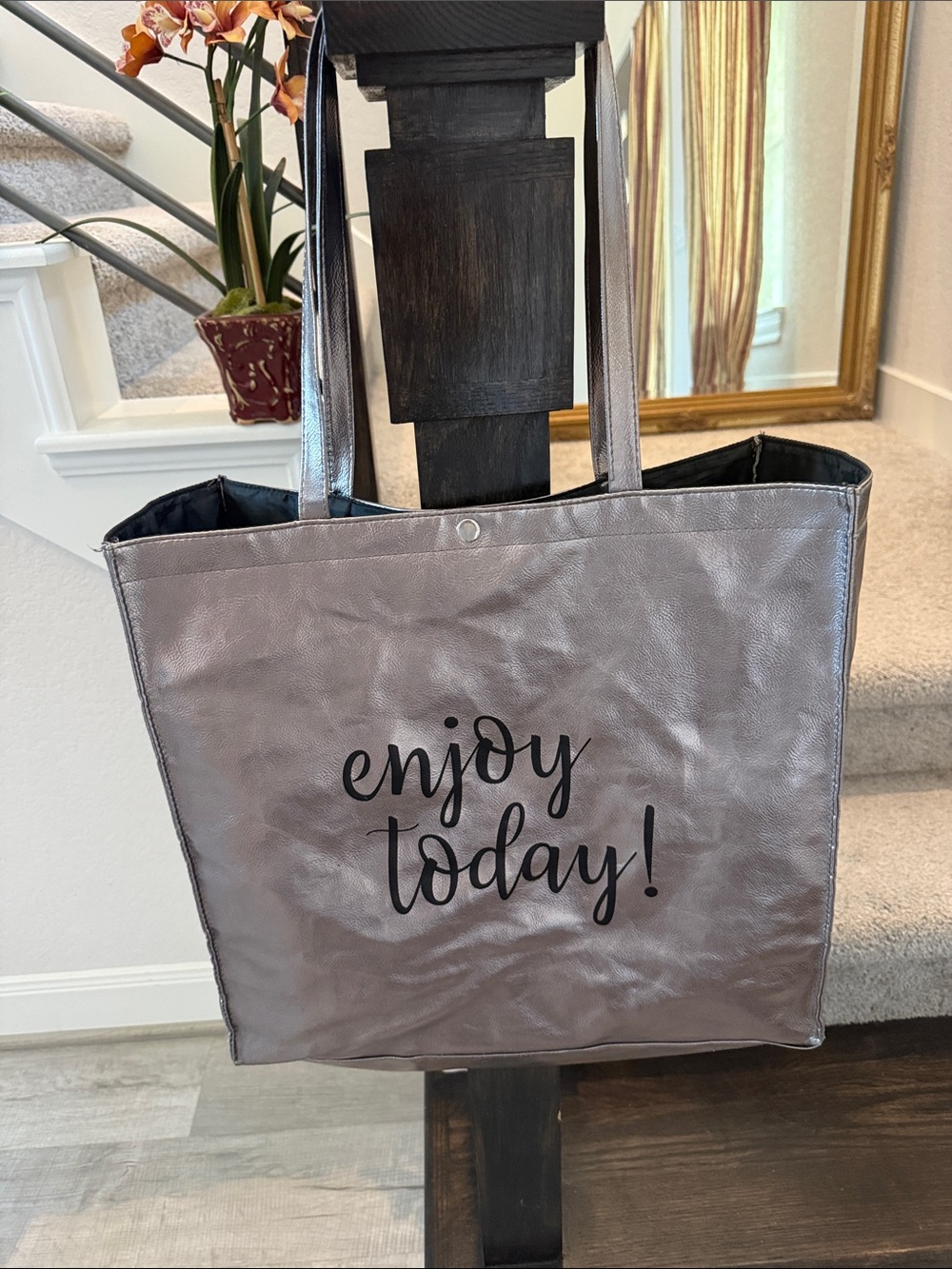 Source Unknown Silver Tote Bag with Black Script "enjoy today!"